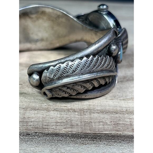 Vintage Native American Navajo Sterling Cuff Bracelet Oval Blue Turquoise Watch - Picture 3 of 14